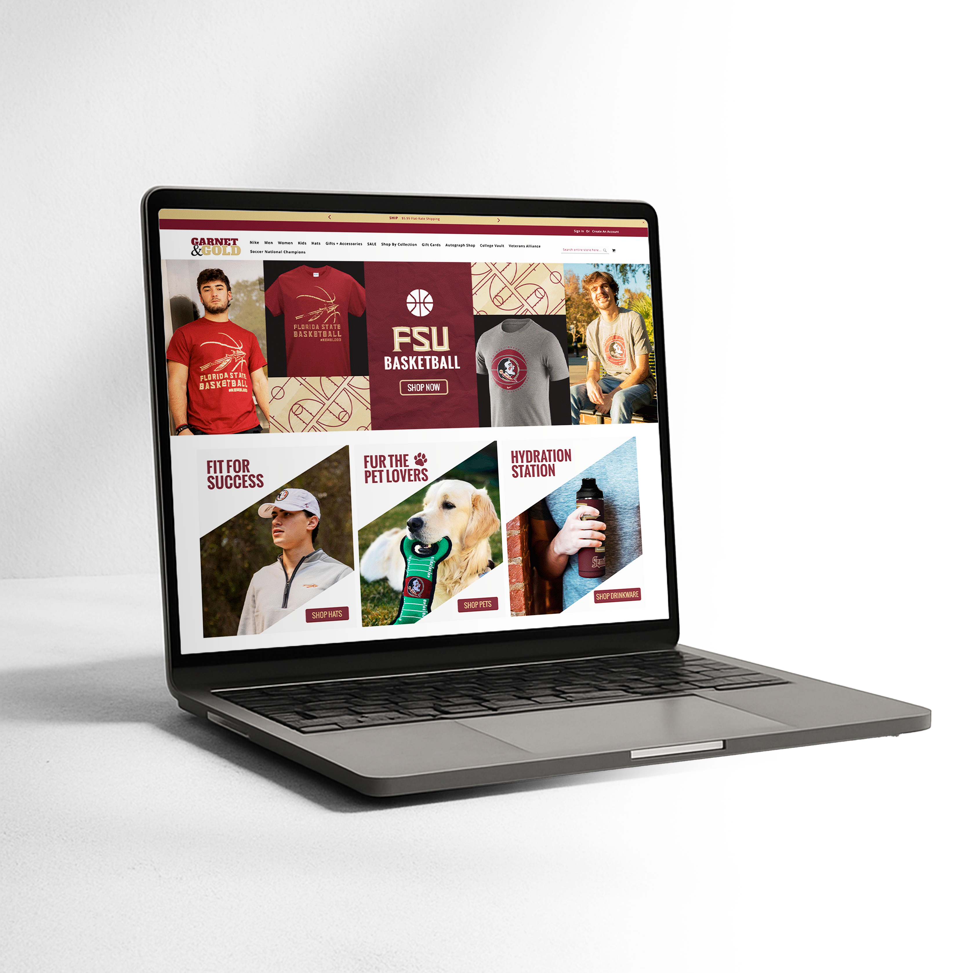 Services BG_w5 A laptop set in a white surface with a white background. On the screen are advertisements for FSU products sold by Garnet & Gold.